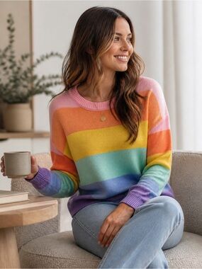 Rainbow Striped Crewneck Sweater - Multicolor - flaw pictured